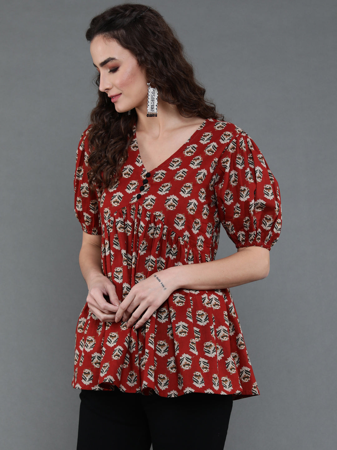 Antaran Brown/Rust Pure Cotton Aliacut Printed Top