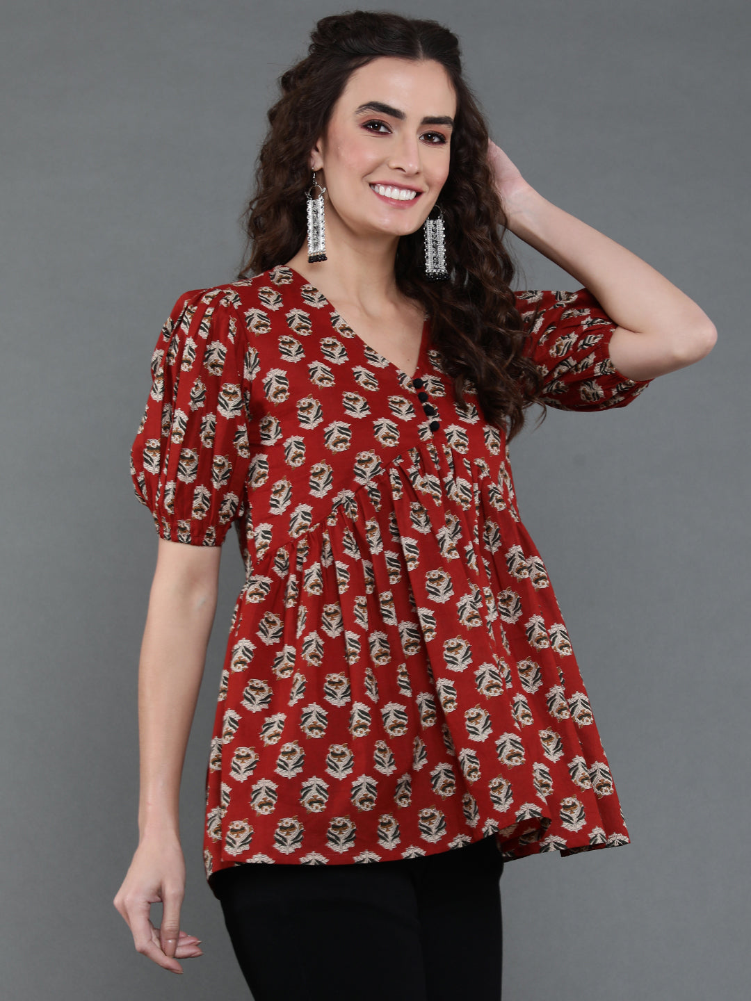 Antaran Brown/Rust Pure Cotton Aliacut Printed Top