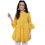 Antaran Yellow Pure Cotton Printed Tunic With Button Detail On Back