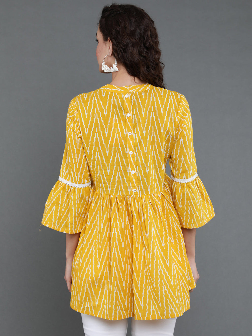 Antaran Yellow Pure Cotton Printed Tunic With Button Detail On Back