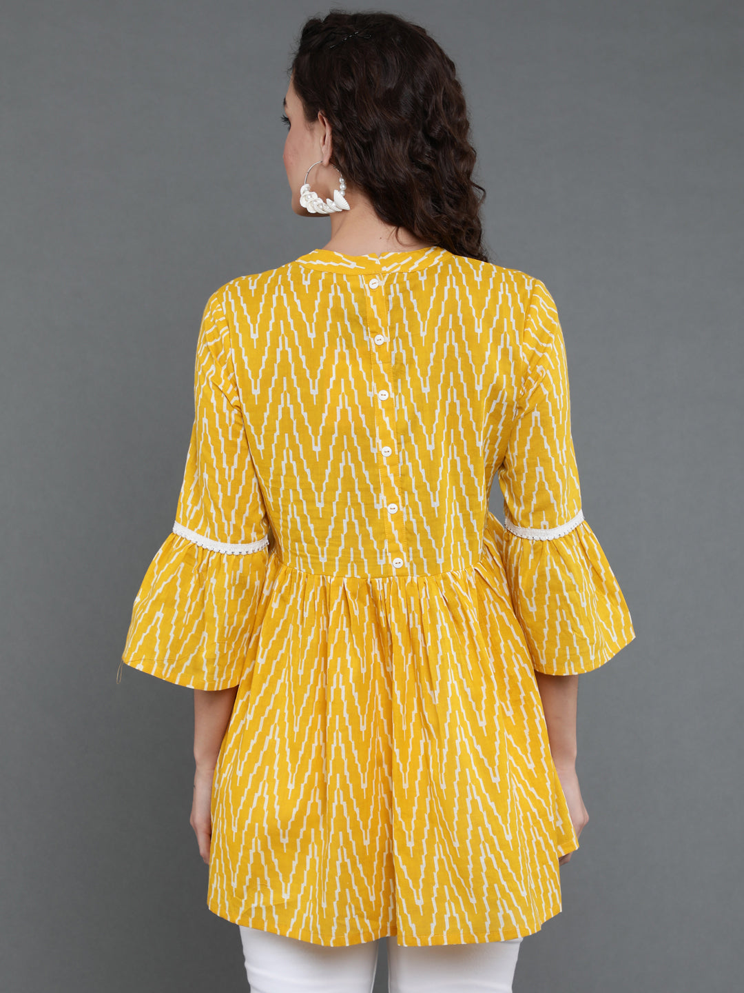 Antaran Yellow Pure Cotton Printed Tunic With Button Detail On Back