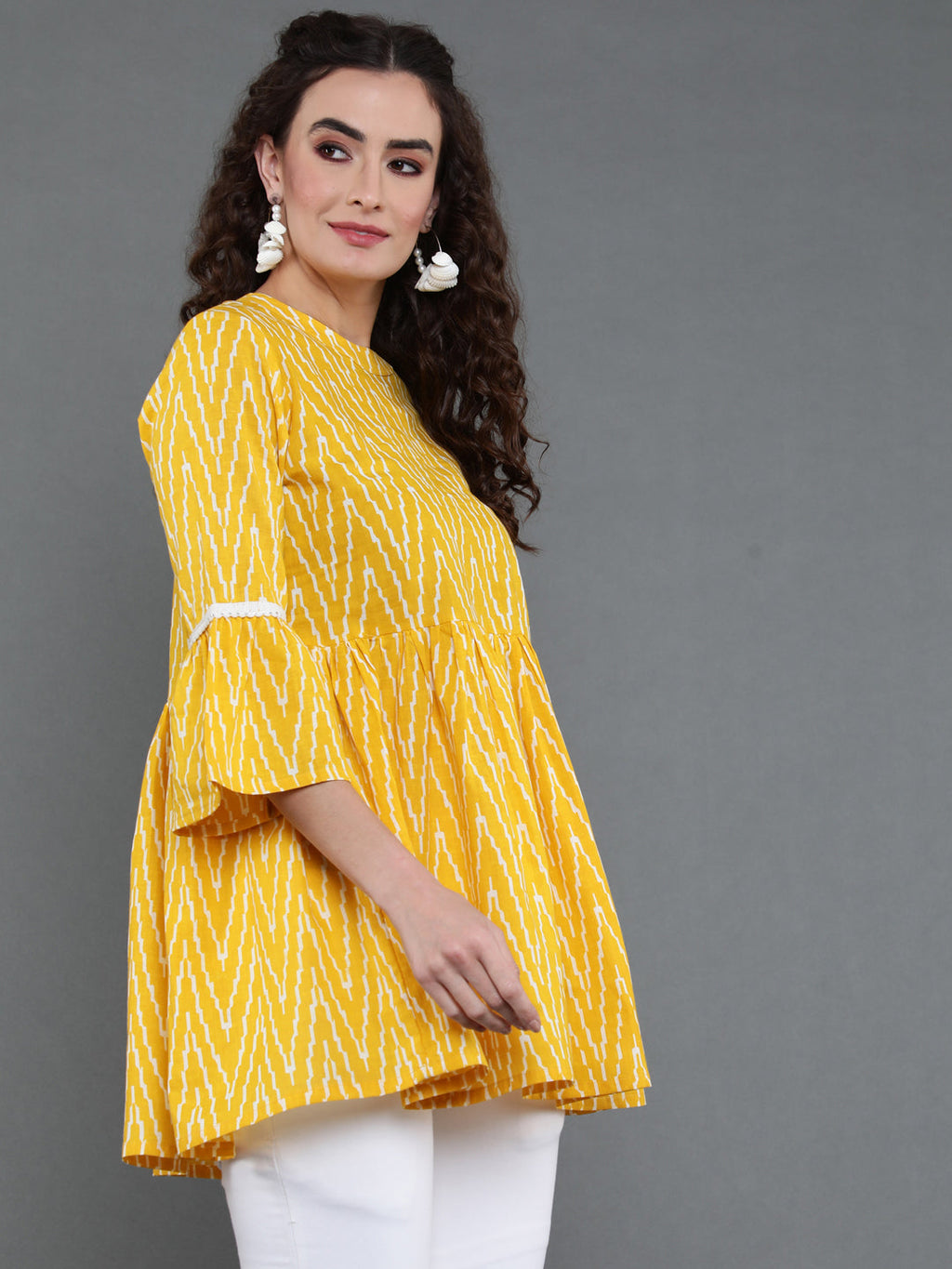Antaran Yellow Pure Cotton Printed Tunic With Button Detail On Back