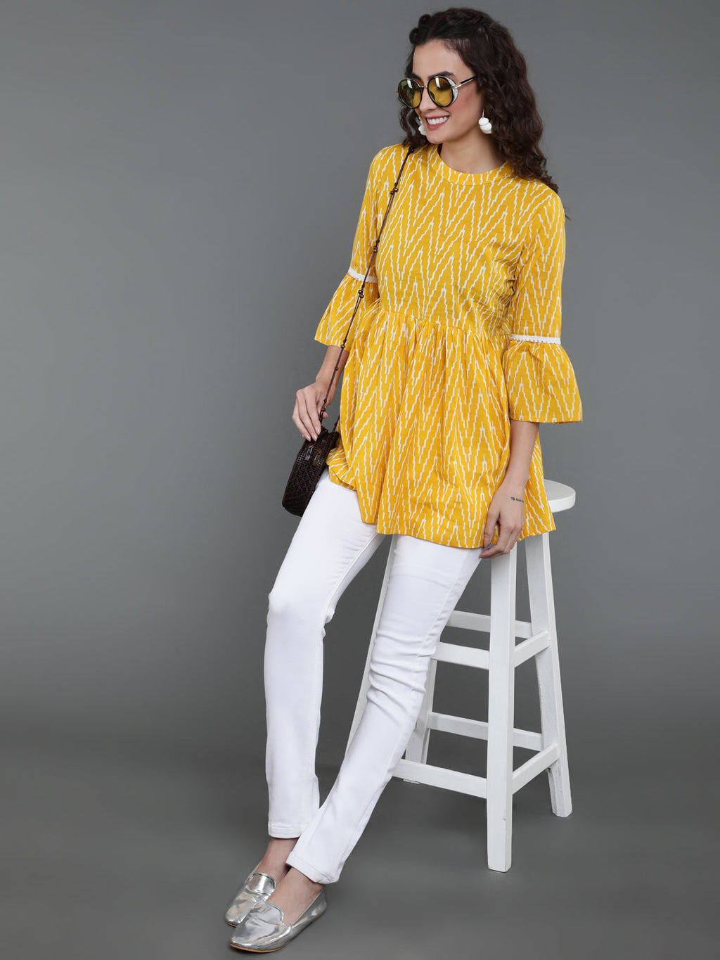 Antaran Yellow Pure Cotton Printed Tunic With Button Detail On Back