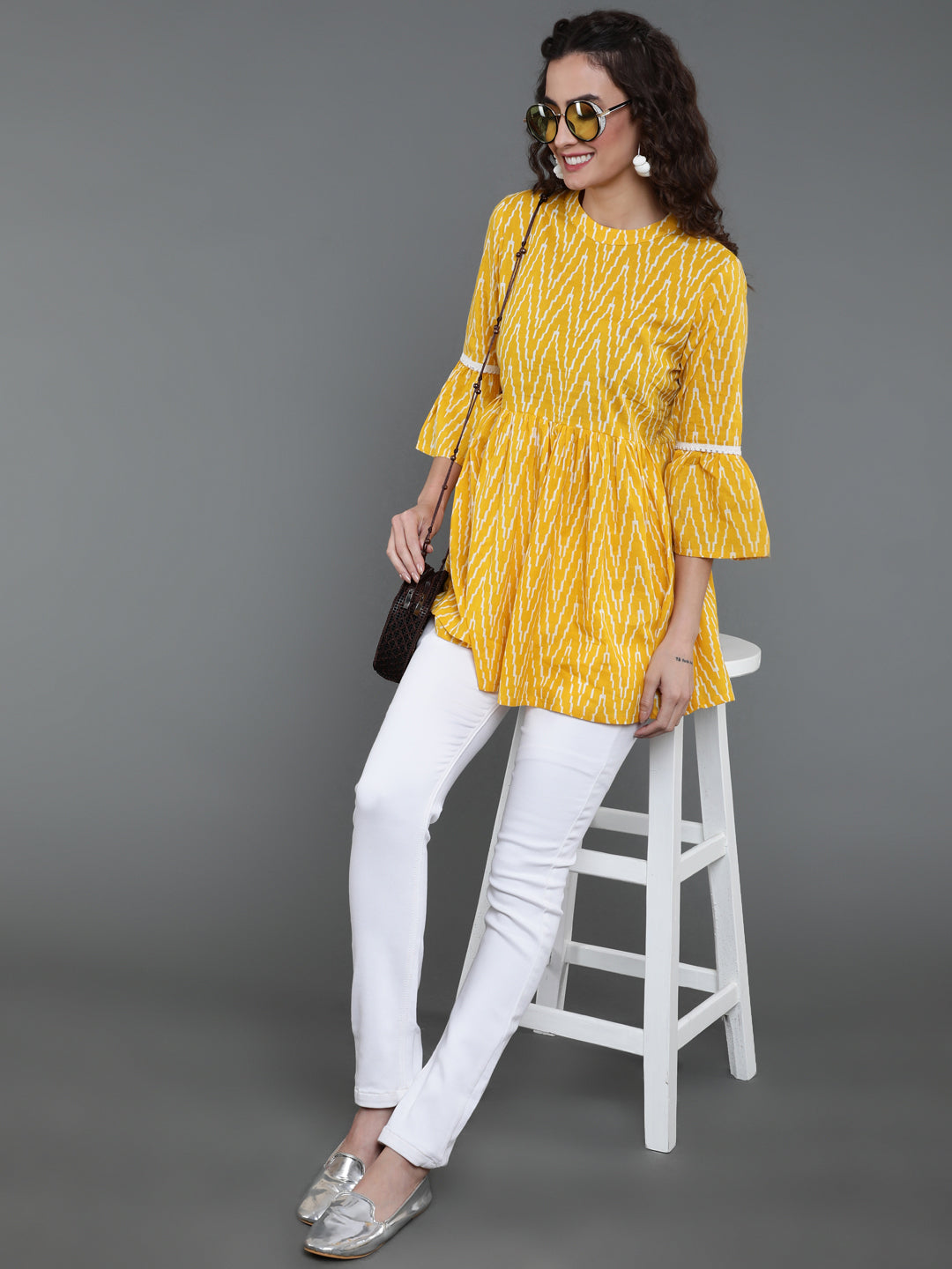 Antaran Yellow Pure Cotton Printed Tunic With Button Detail On Back