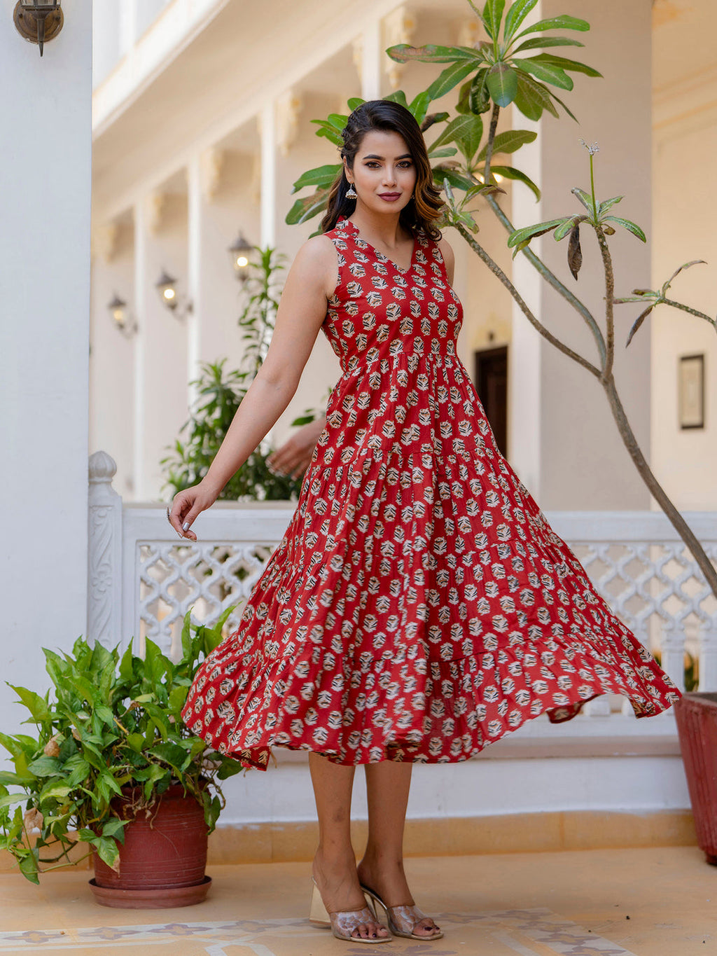 Antaran Maroon Pure Cotton Tiered Printed Dress - Distacart