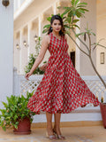 Antaran Maroon Pure Cotton Tiered Printed Dress - Distacart