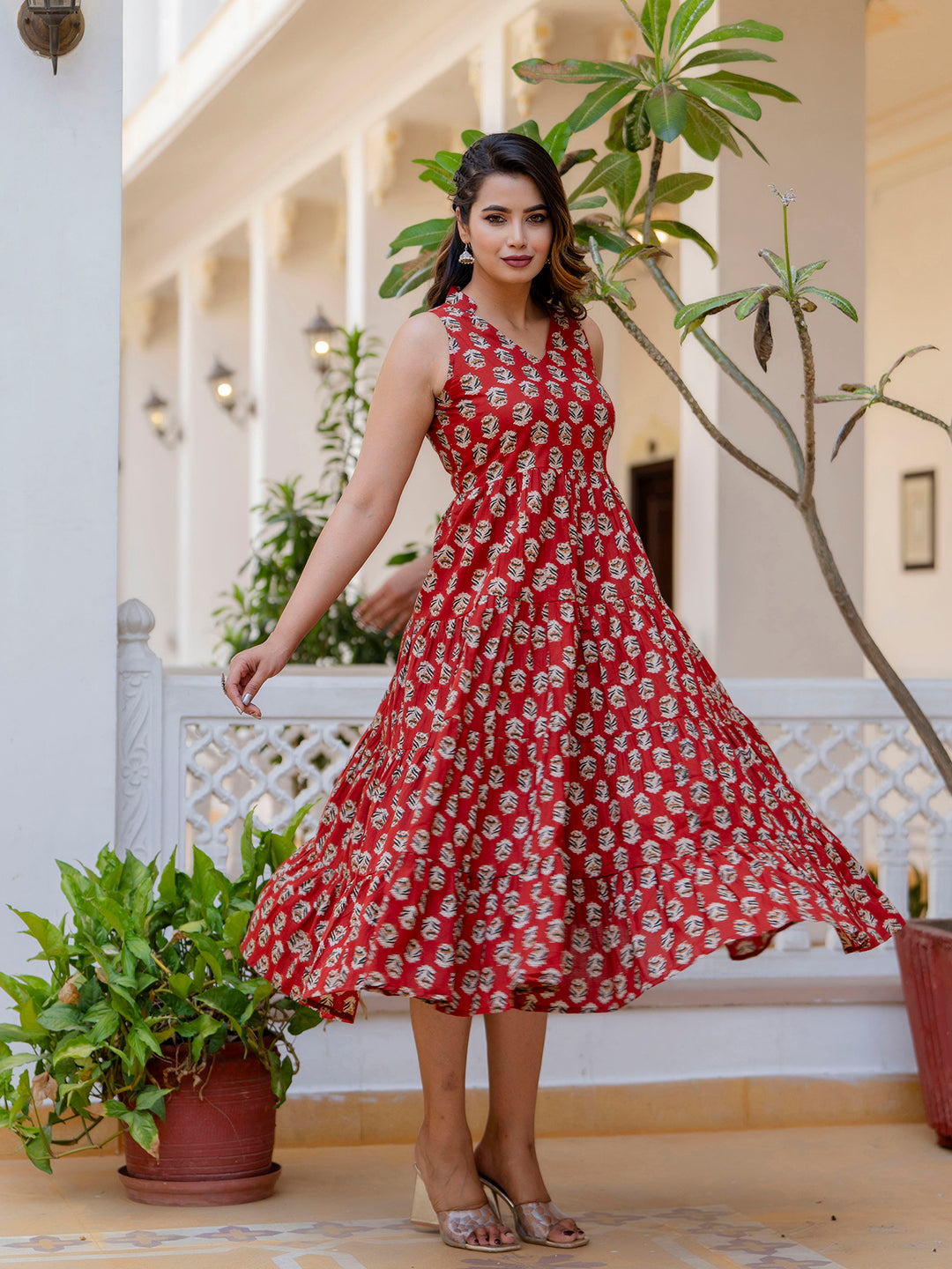 Antaran Maroon Pure Cotton Tiered Printed Dress - Distacart
