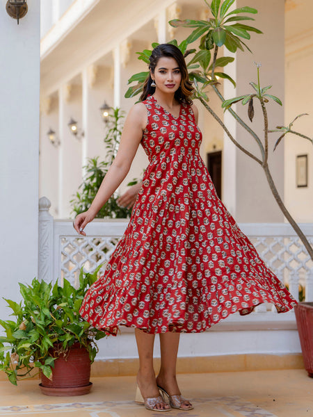 Antaran Maroon Pure Cotton Tiered Printed Dress