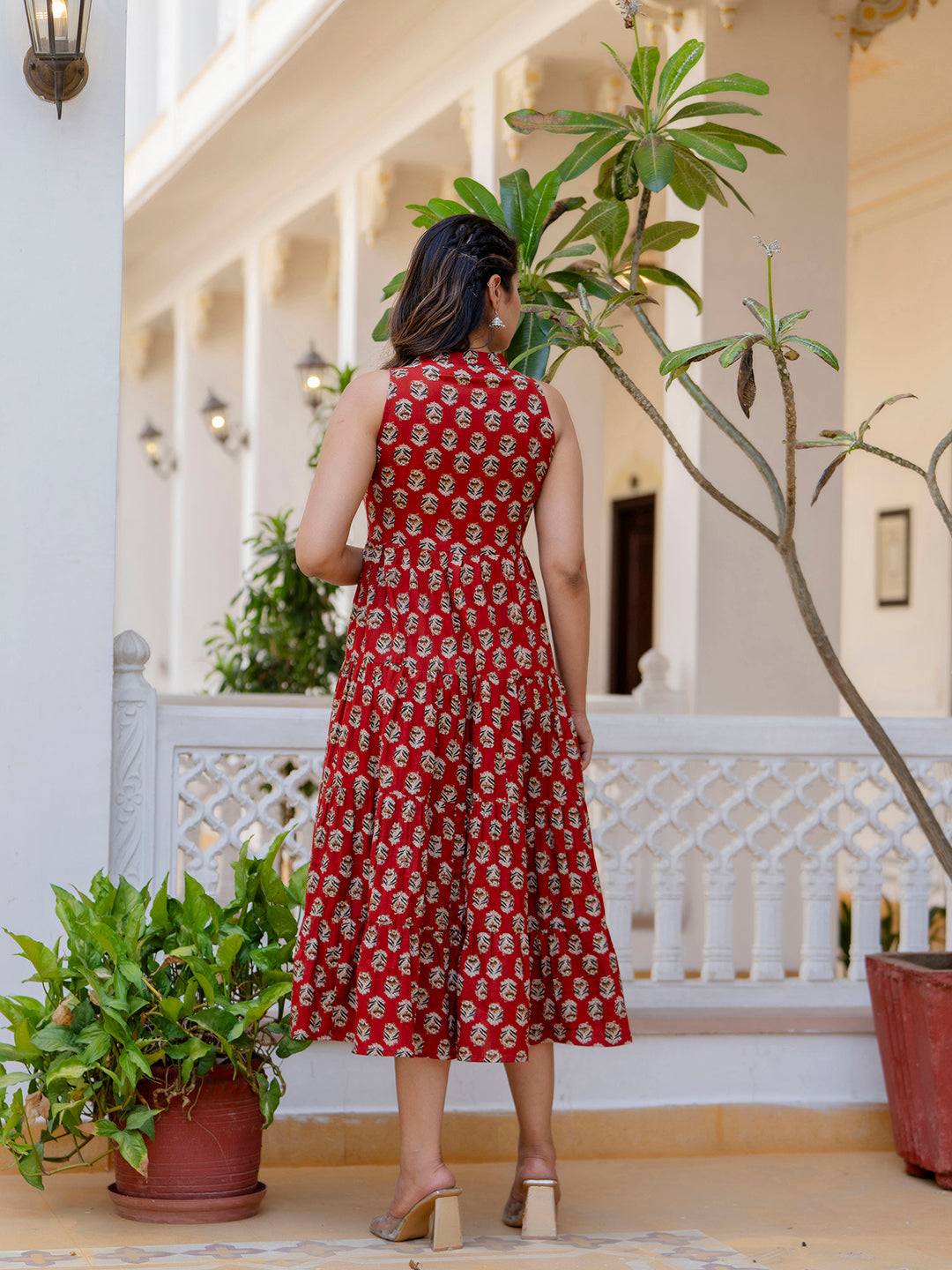Antaran Maroon Pure Cotton Tiered Printed Dress - Distacart