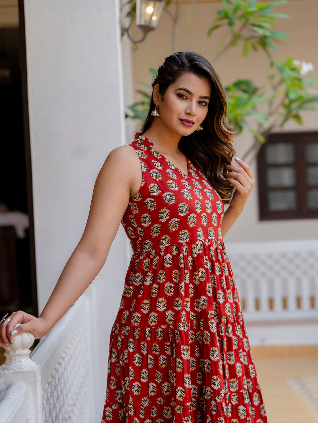 Antaran Maroon Pure Cotton Tiered Printed Dress - Distacart