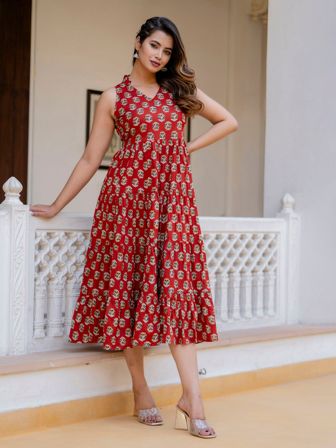 Antaran Maroon Pure Cotton Tiered Printed Dress - Distacart