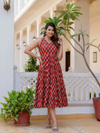 Antaran Maroon Pure Cotton Tiered Printed Dress - Distacart