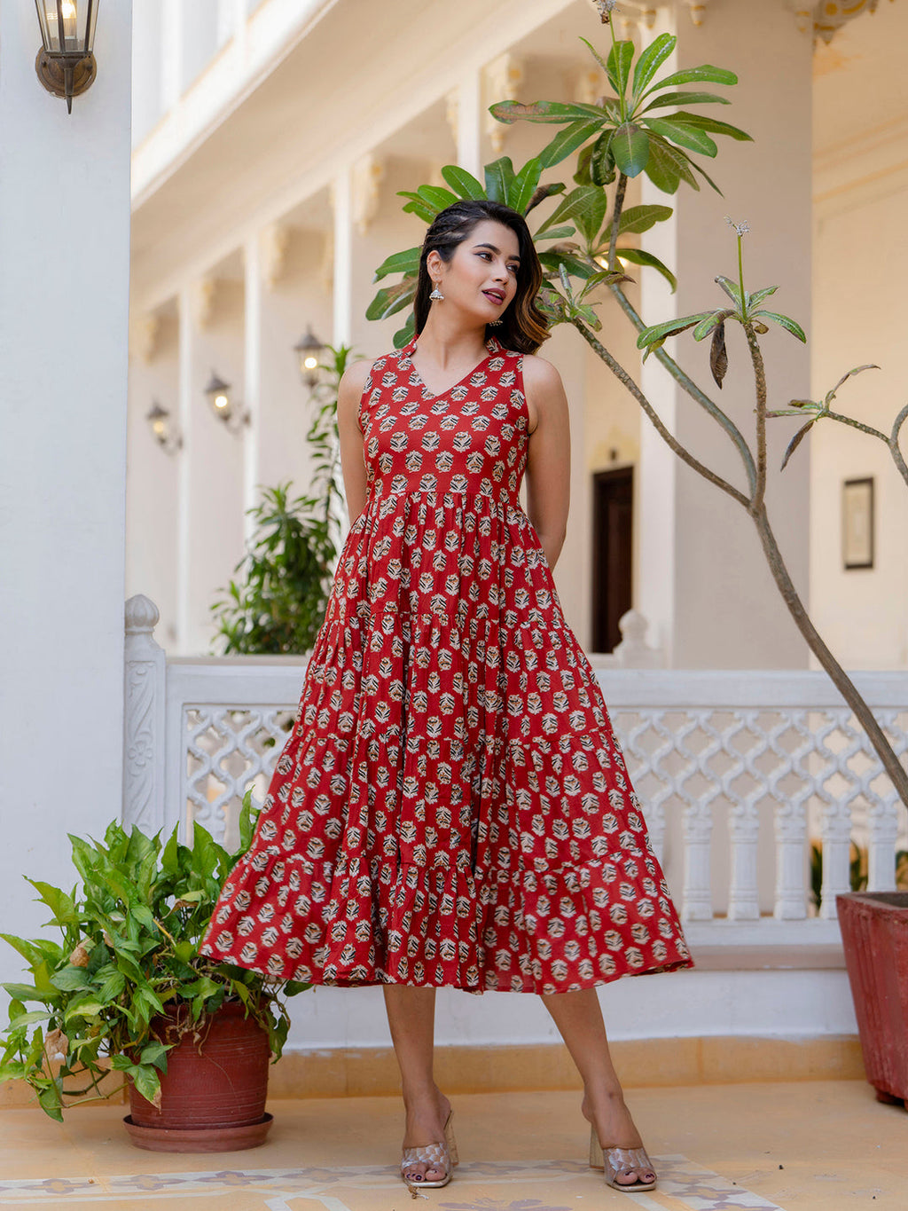 Antaran Maroon Pure Cotton Tiered Printed Dress - Distacart