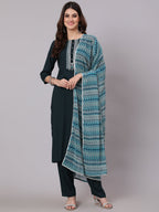 Antaran Blue Rayon Embroidered Kurta Pant Dupatta Set - Distacart