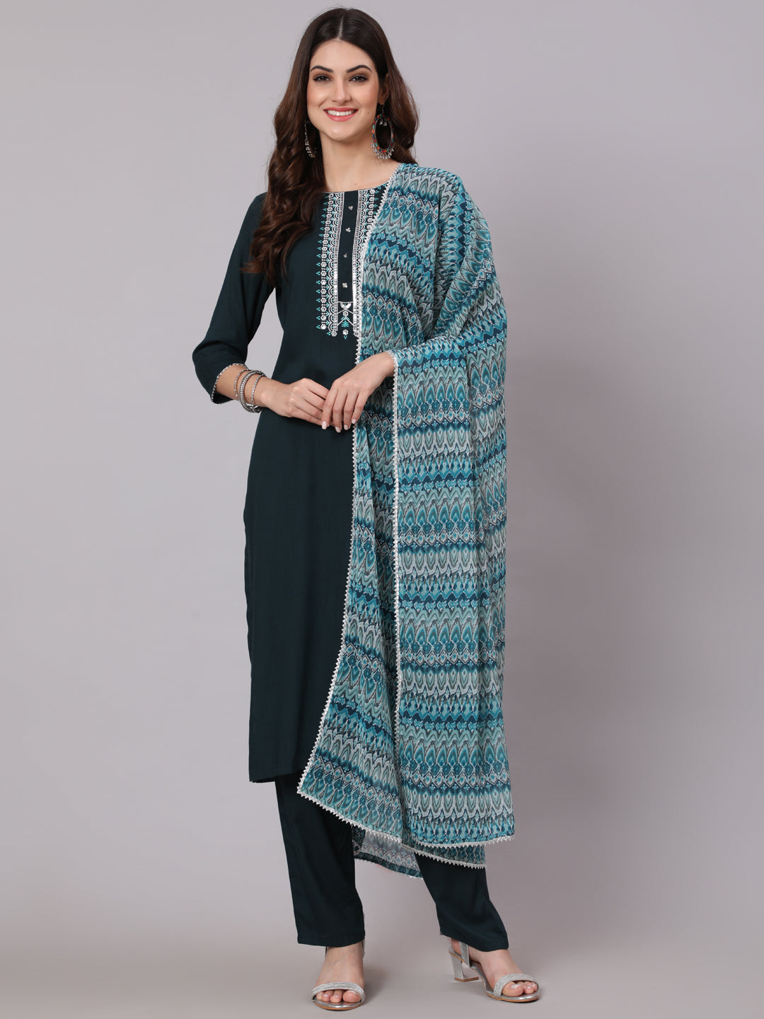 Antaran Blue Rayon Embroidered Kurta Pant Dupatta Set - Distacart