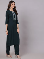 Antaran Blue Rayon Embroidered Kurta Pant Dupatta Set - Distacart