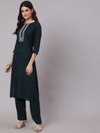 Antaran Blue Rayon Embroidered Kurta Pant Dupatta Set - Distacart
