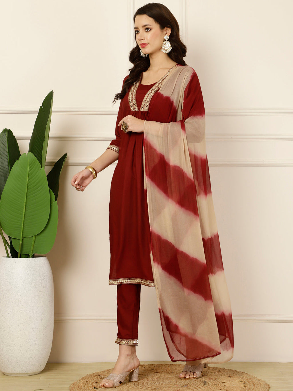 Antaran Maroon Rayon Embellished Kurta Pant & Dupatta Set - Distacart