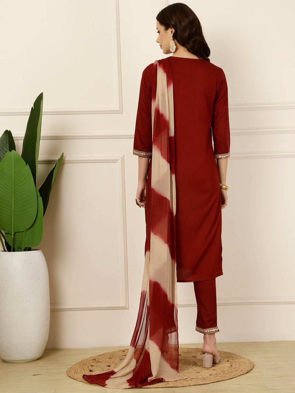 Antaran Maroon Rayon Embellished Kurta Pant & Dupatta Set - Distacart