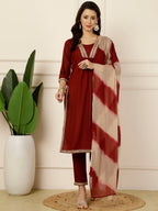 Antaran Maroon Rayon Embellished Kurta Pant & Dupatta Set - Distacart