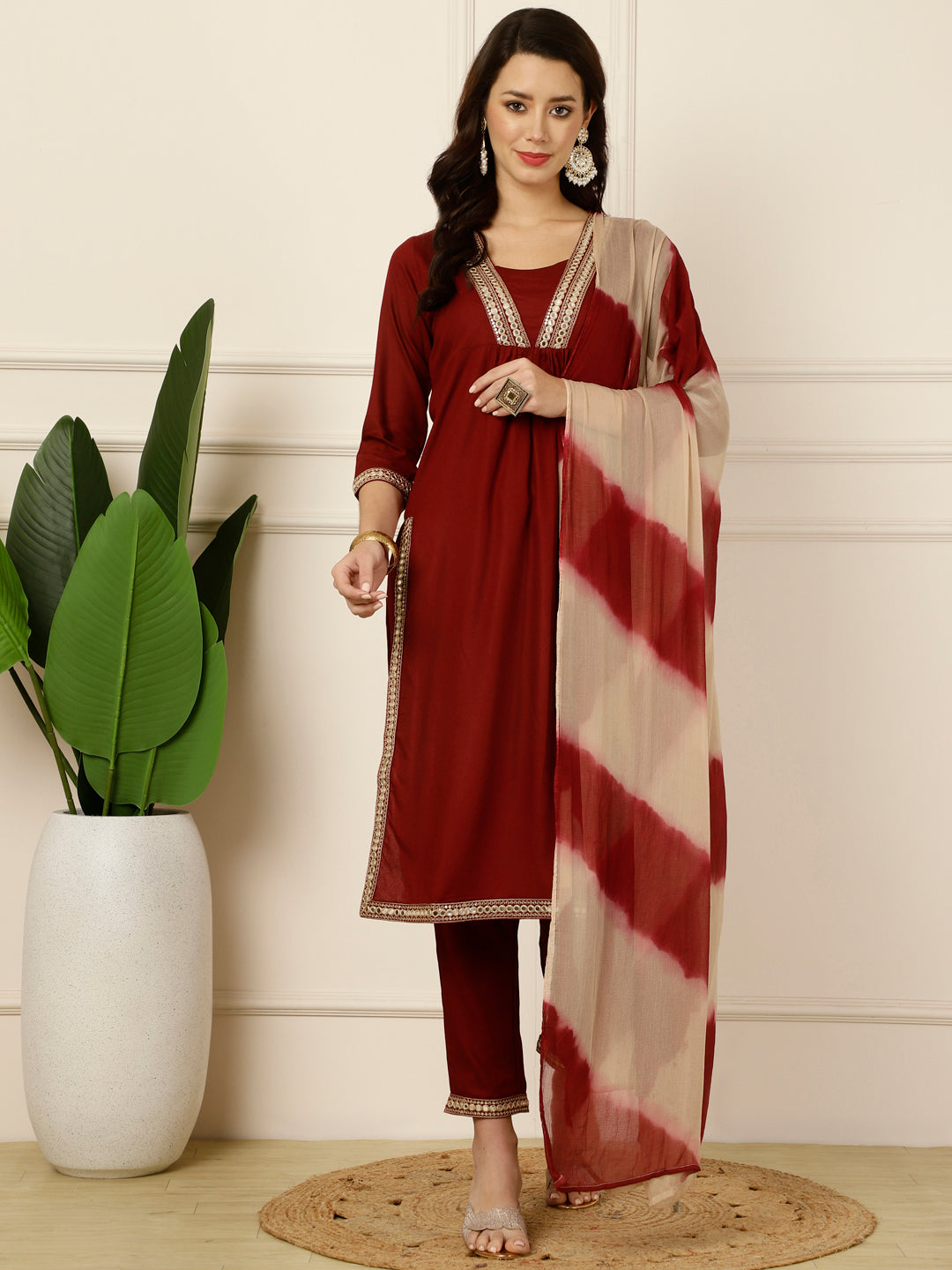 Antaran Maroon Rayon Embellished Kurta Pant & Dupatta Set - Distacart