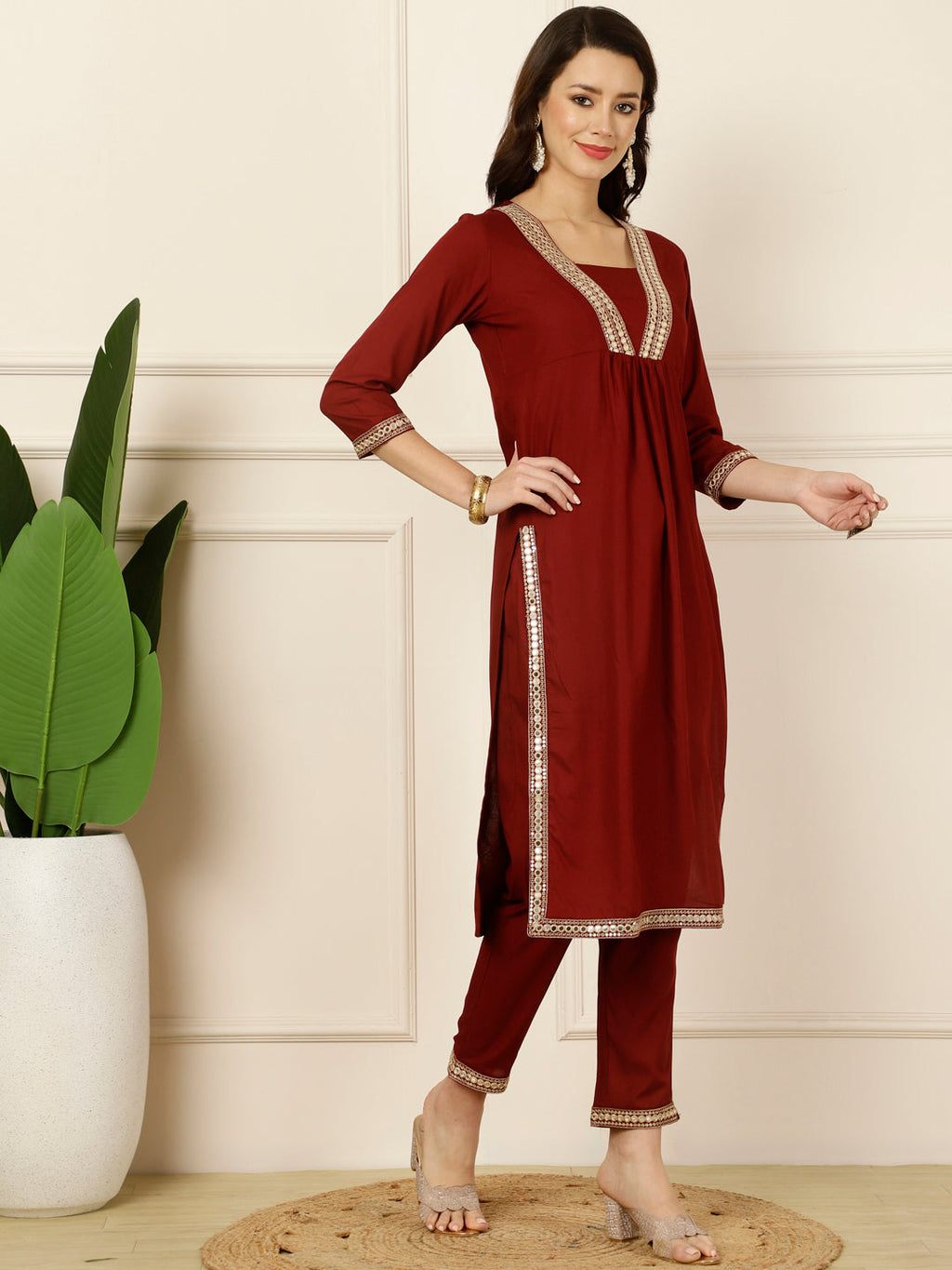 Antaran Maroon Rayon Embellished Kurta Pant & Dupatta Set - Distacart