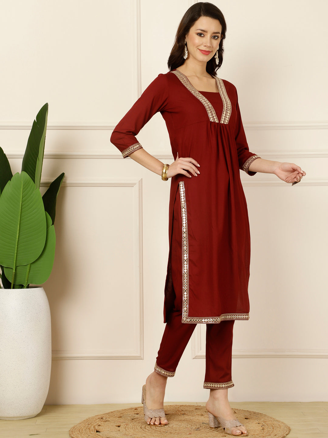 Antaran Maroon Rayon Embellished Kurta Pant & Dupatta Set - Distacart