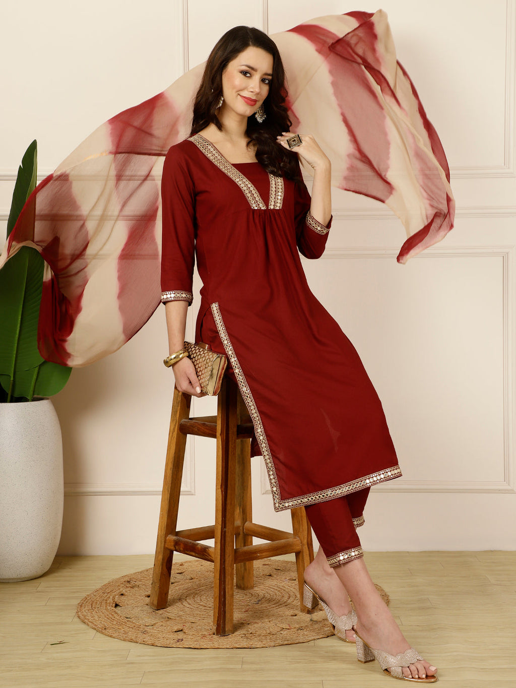 Antaran Maroon Rayon Embellished Kurta Pant & Dupatta Set - Distacart