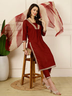 Antaran Maroon Rayon Embellished Kurta Pant & Dupatta Set - Distacart