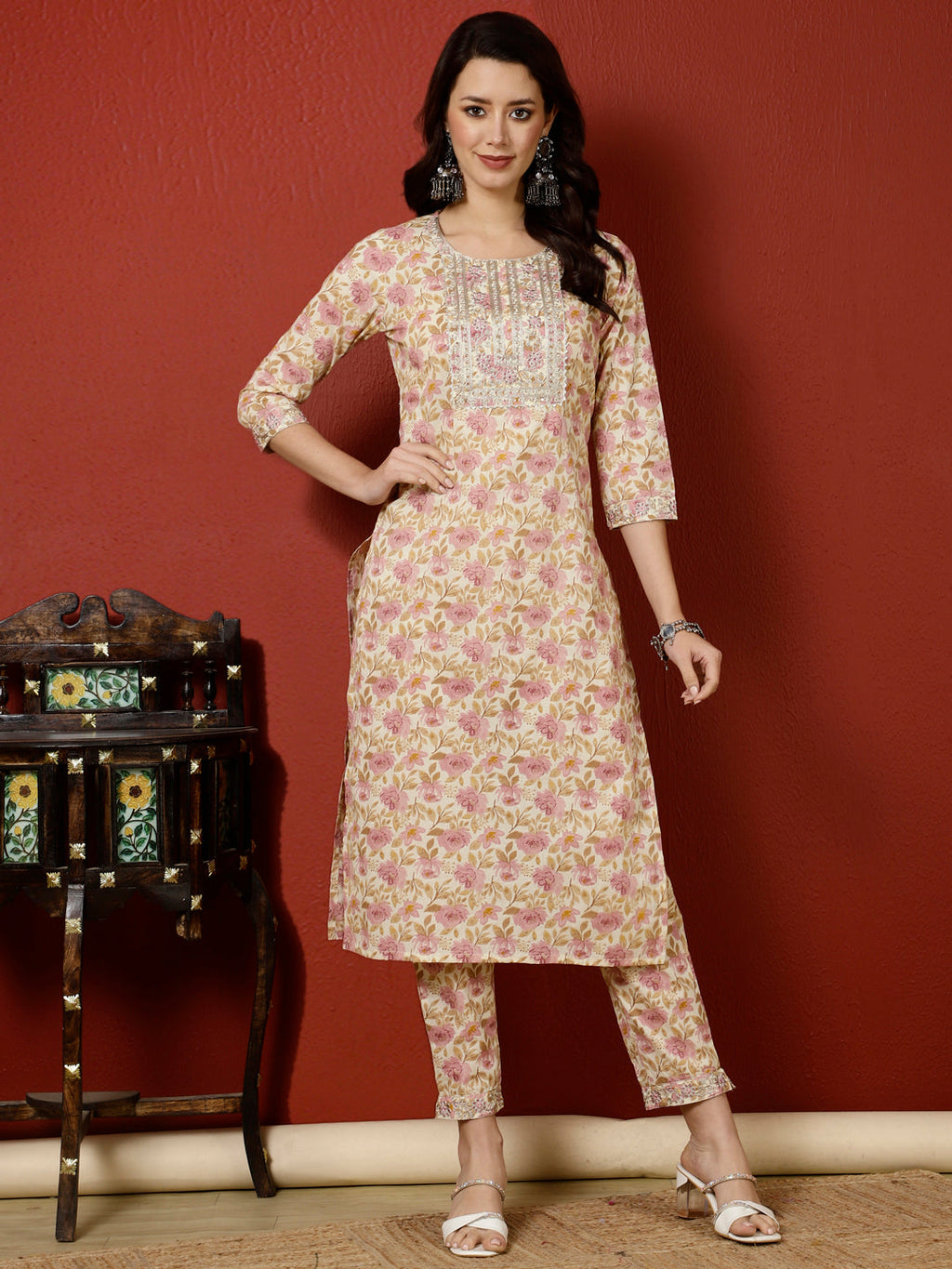 Antaran Peach Pure Cotton Embroidered Kurta Pant Set - Distacart