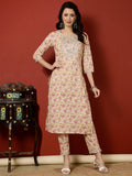 Antaran Peach Pure Cotton Embroidered Kurta Pant Set - Distacart