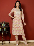 Antaran Peach Pure Cotton Embroidered Kurta Pant Set - Distacart