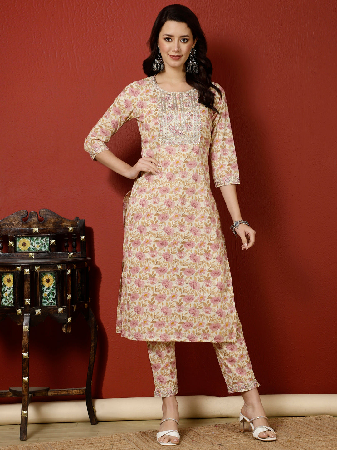 Antaran Peach Pure Cotton Embroidered Kurta Pant Set - Distacart