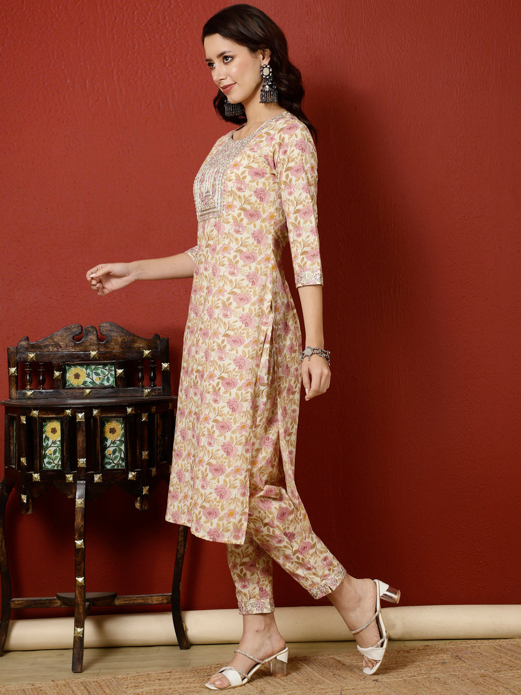 Antaran Peach Pure Cotton Embroidered Kurta Pant Set - Distacart