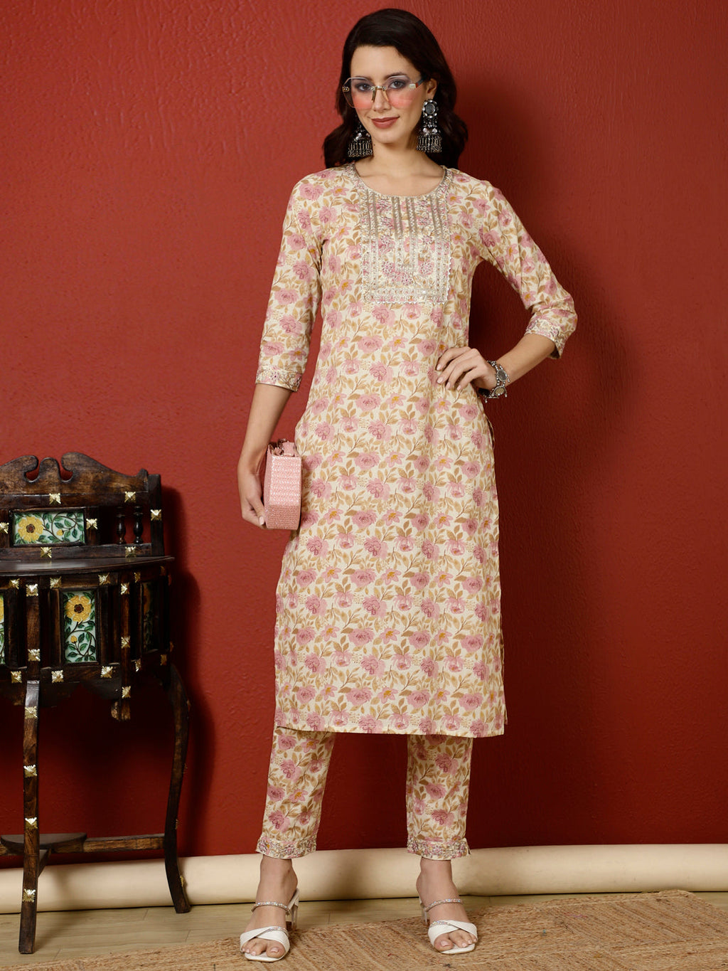 Antaran Peach Pure Cotton Embroidered Kurta Pant Set - Distacart