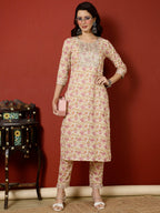Antaran Peach Pure Cotton Embroidered Kurta Pant Set - Distacart