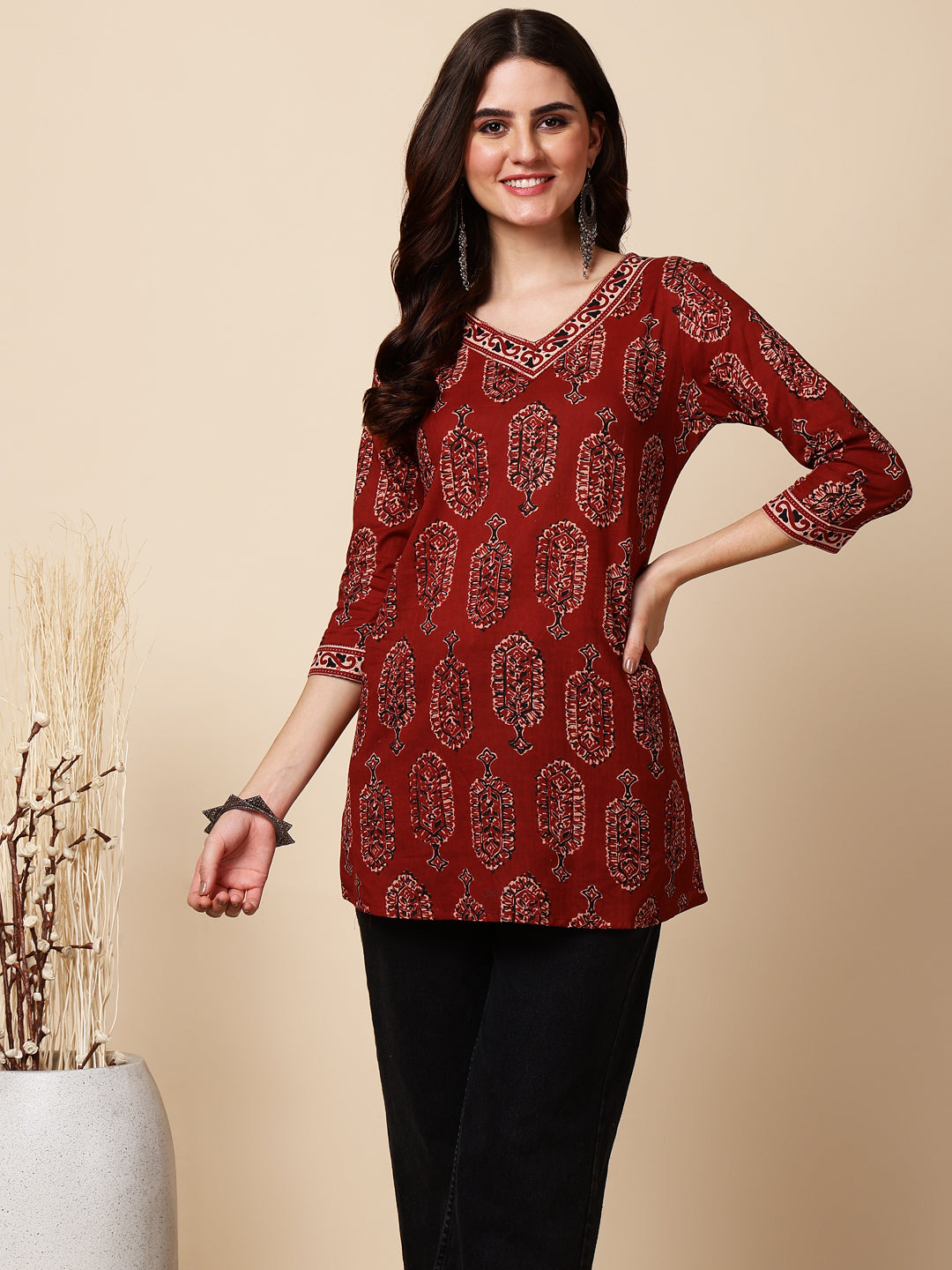 Antaran Maroon Pure Cotton Maroon Printed Tunic
