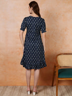 Antaran Blue Pure Cotton Flared Printed Dress - Distacart