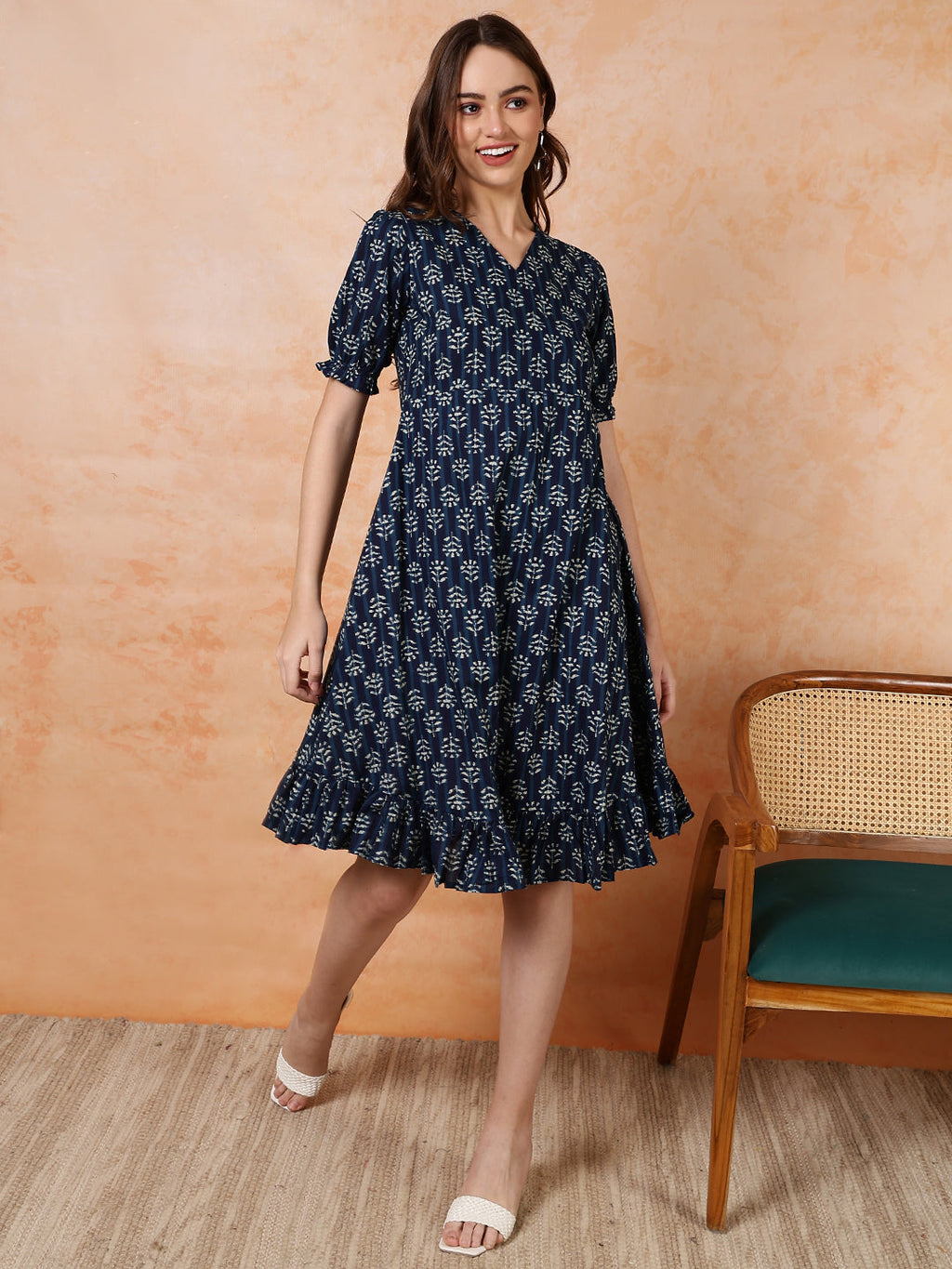 Antaran Blue Pure Cotton Flared Printed Dress - Distacart