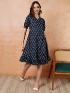 Antaran Blue Pure Cotton Flared Printed Dress - Distacart