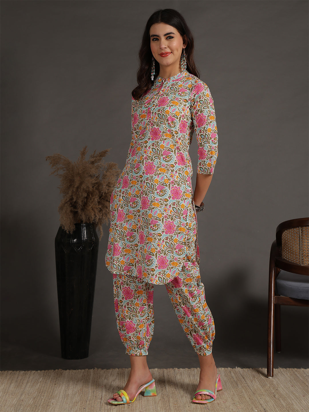 Antaran Sky Blue Pure Cotton Floral Printed Co Ord Set - Distacart