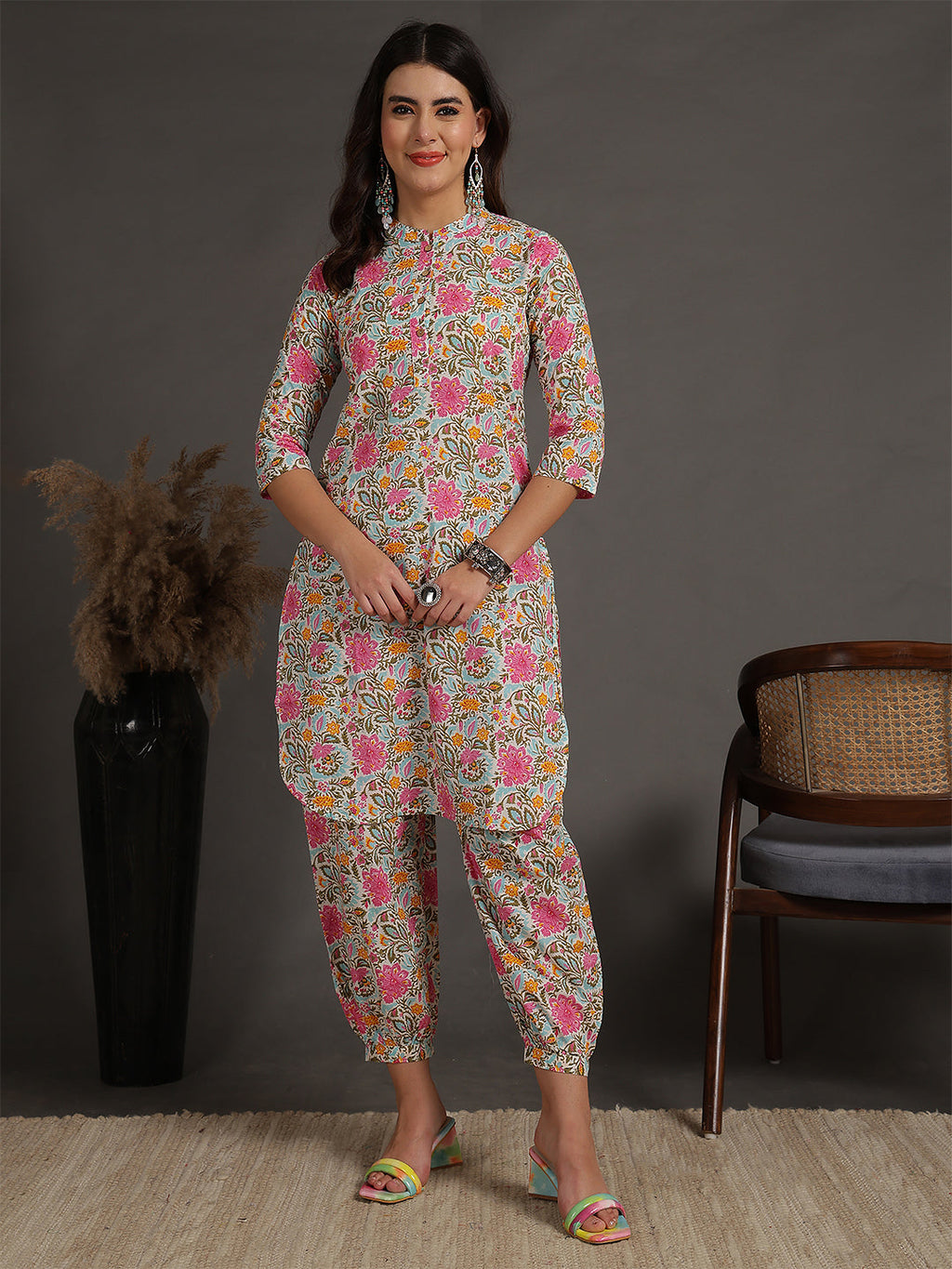 Antaran Sky Blue Pure Cotton Floral Printed Co Ord Set - Distacart