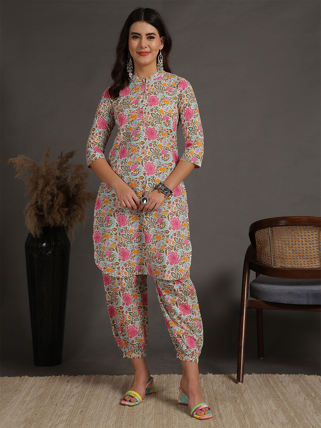 Antaran Sky Blue Pure Cotton Floral Printed Co Ord Set - Distacart