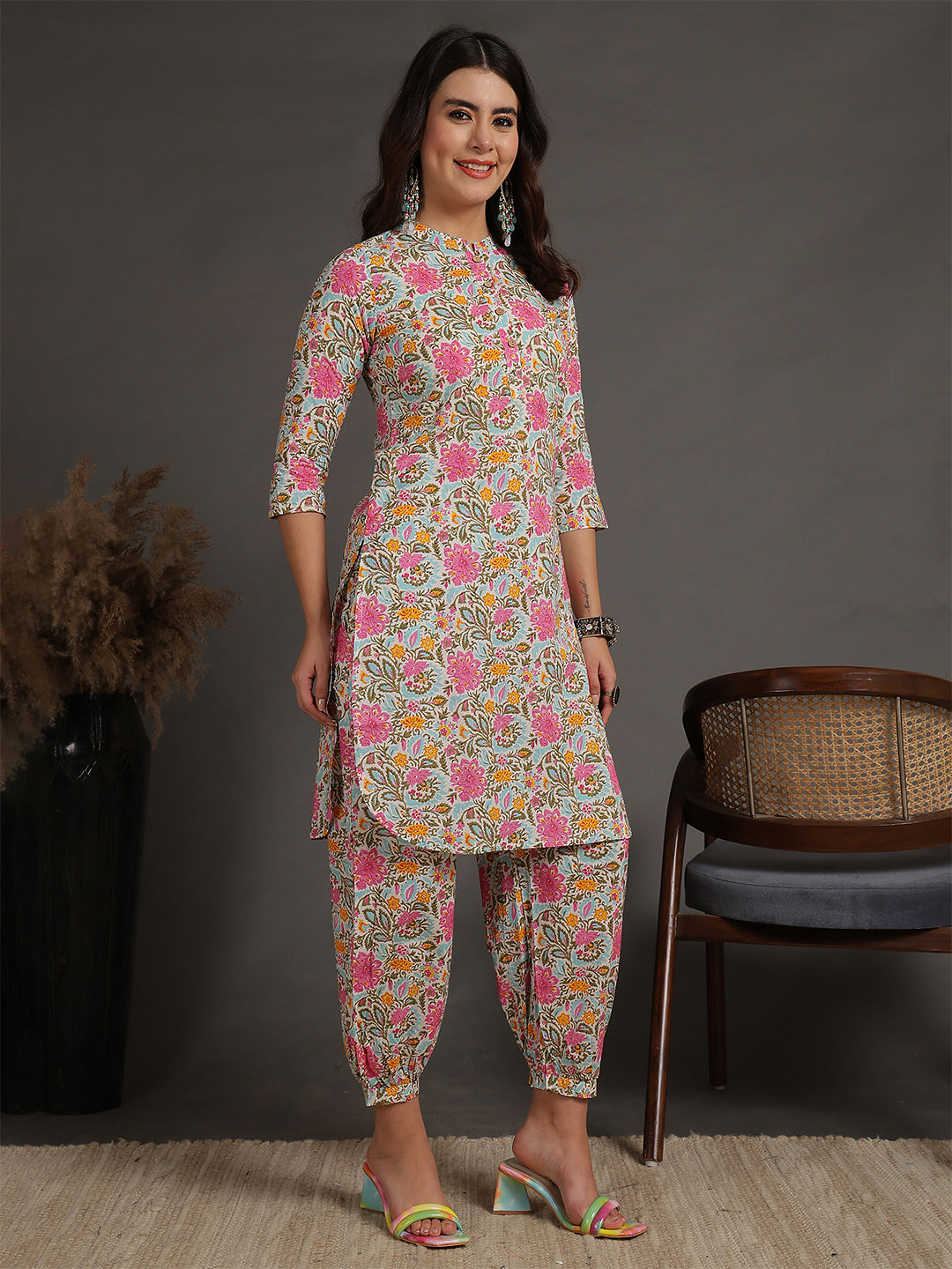 Antaran Sky Blue Pure Cotton Floral Printed Co Ord Set - Distacart