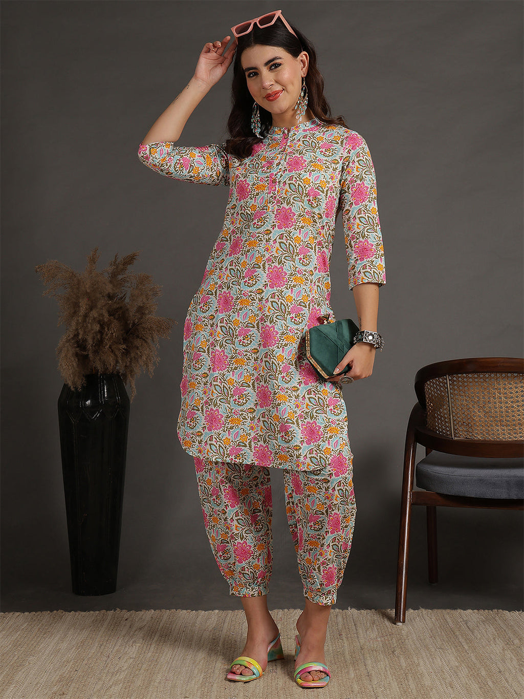 Antaran Sky Blue Pure Cotton Floral Printed Co Ord Set - Distacart