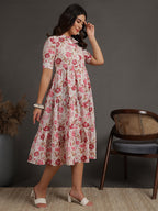 Antaran White Pure Cotton Tiered Floral Printed Dress - Distacart