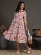 Antaran White Pure Cotton Tiered Floral Printed Dress - Distacart