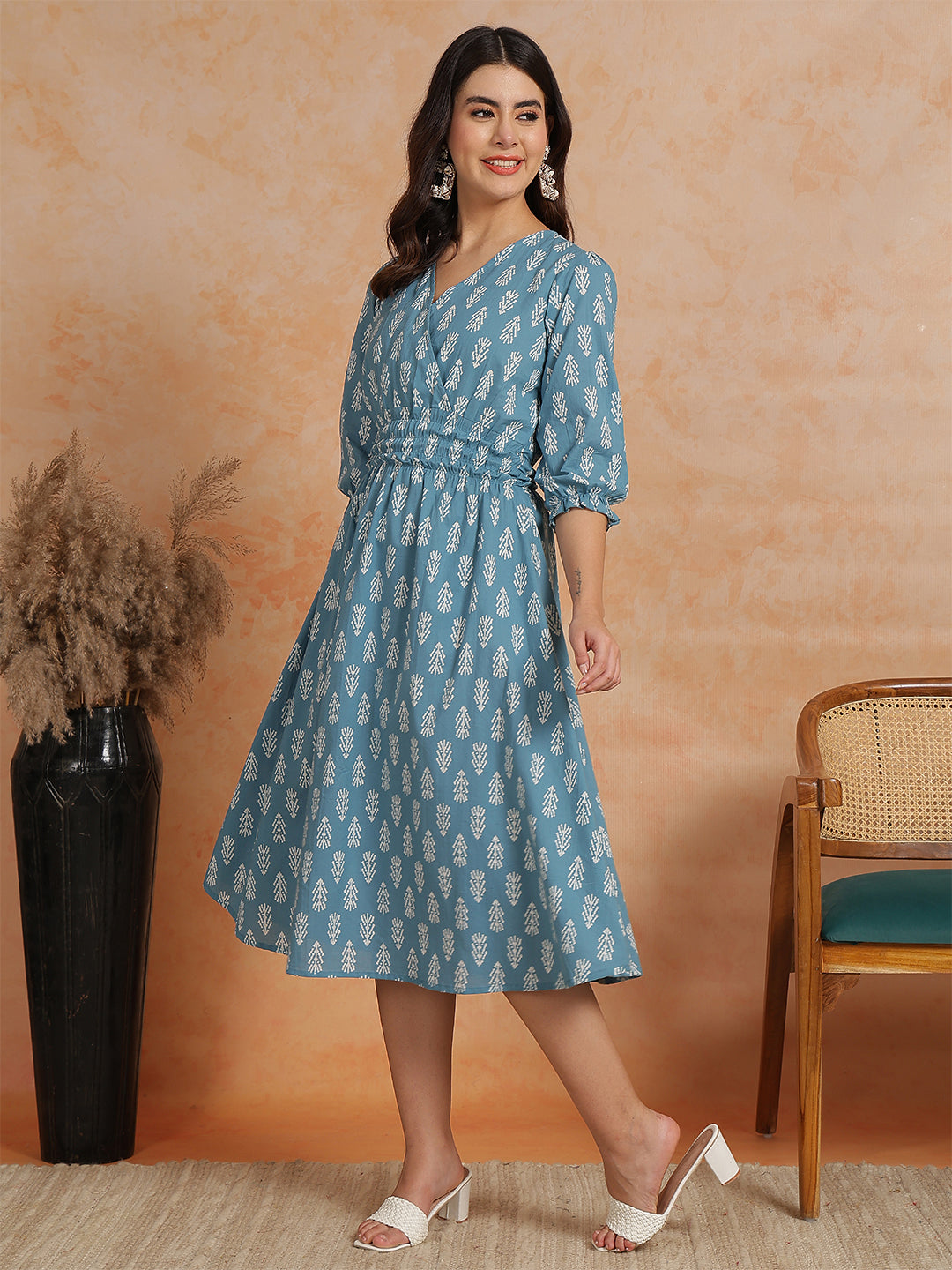 Antaran Blue Pure Cotton Printed Flared Dress - Distacart
