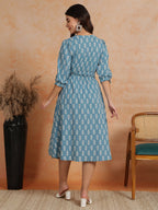 Antaran Blue Pure Cotton Printed Flared Dress - Distacart