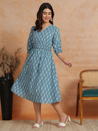 Antaran Blue Pure Cotton Printed Flared Dress - Distacart